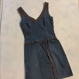 Embroidered & belted denim dress